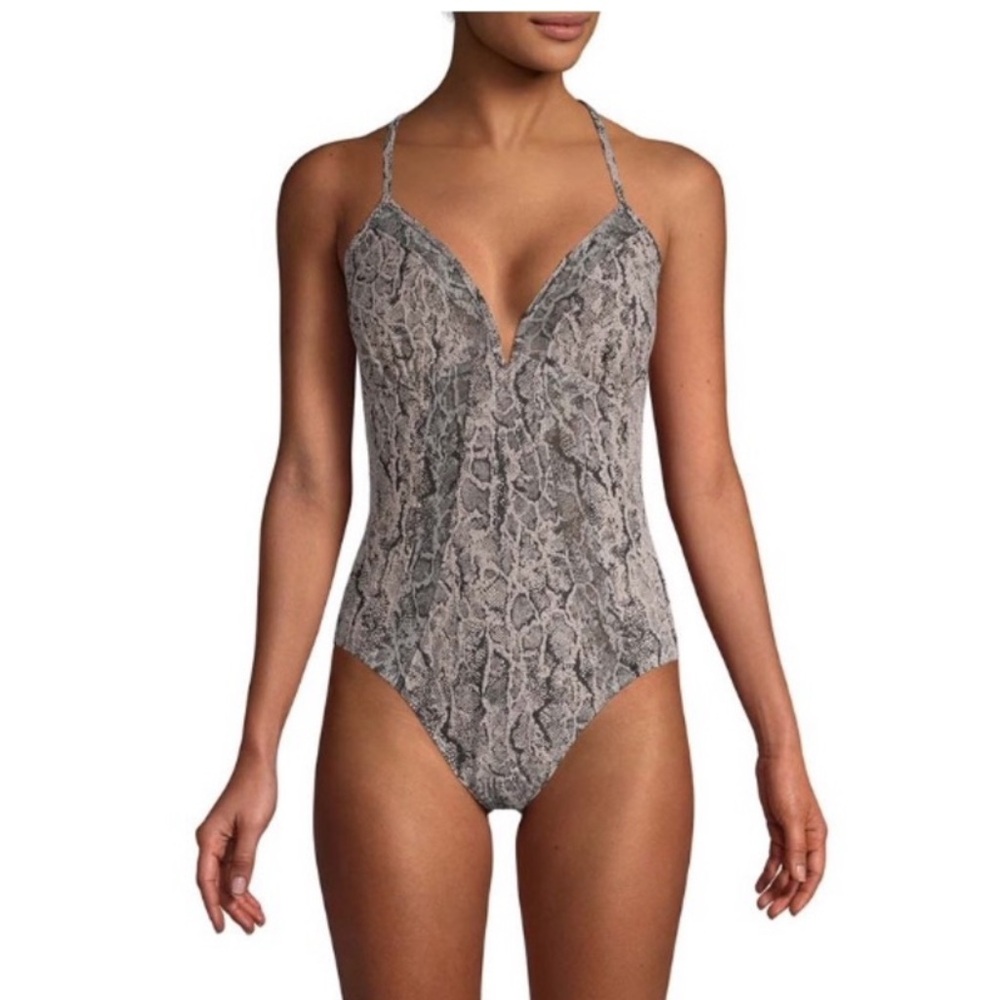 NWT time & tru snake print one piece criss cross bathing suit sheer detail vneck
